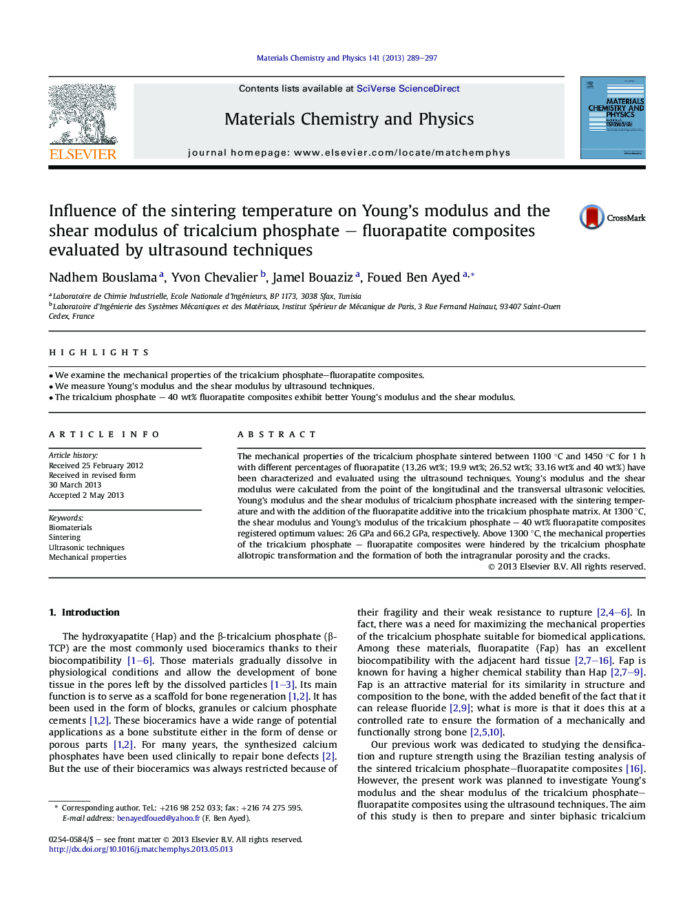 Influence of the sintering temperature on Young's modulus and the shear modulus of tricalcium phosphate - fluorapatite composites evaluated by ultrasound techniques