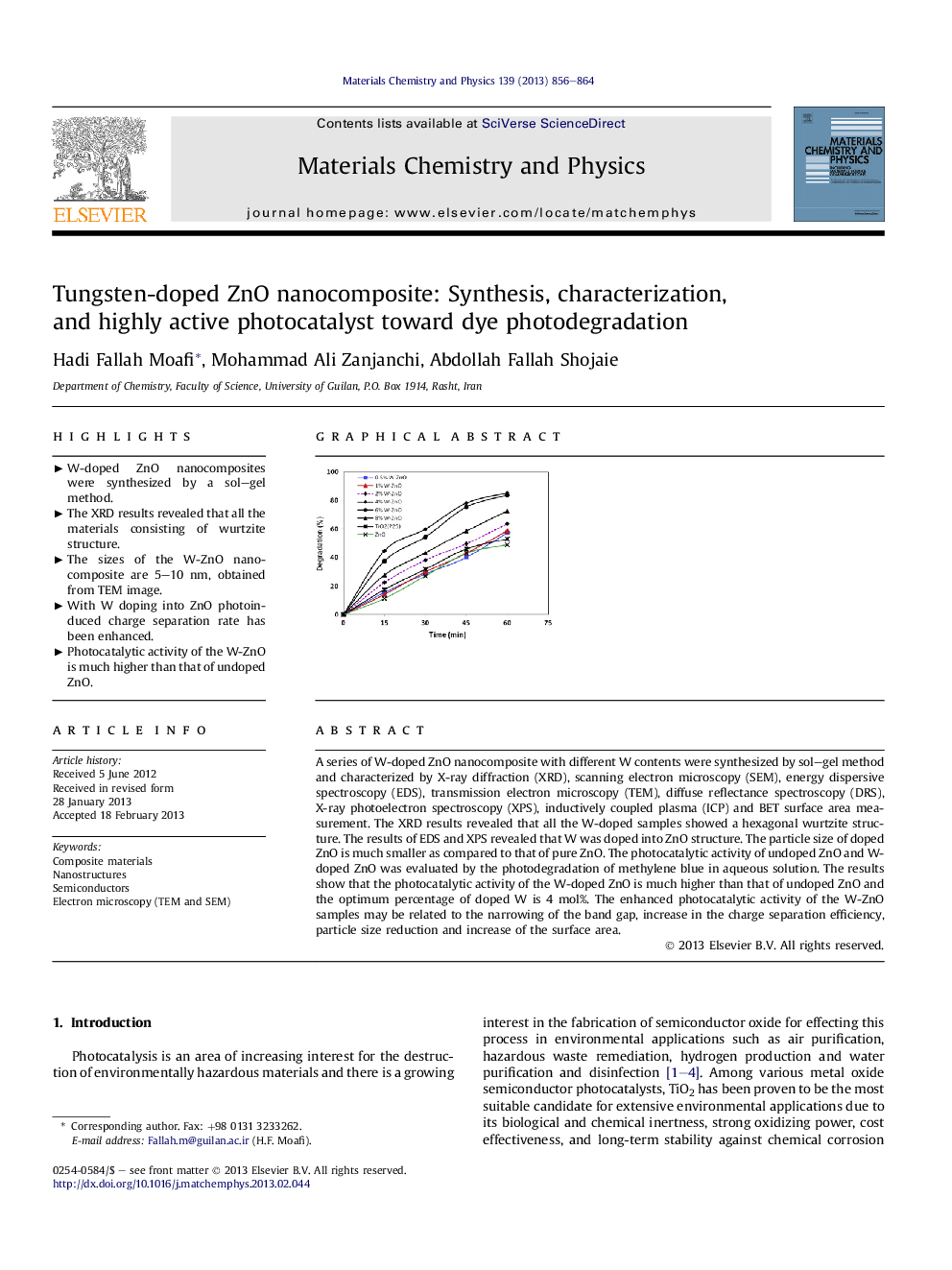 Tungsten-doped ZnO nanocomposite: Synthesis, characterization, and highly active photocatalyst toward dye photodegradation