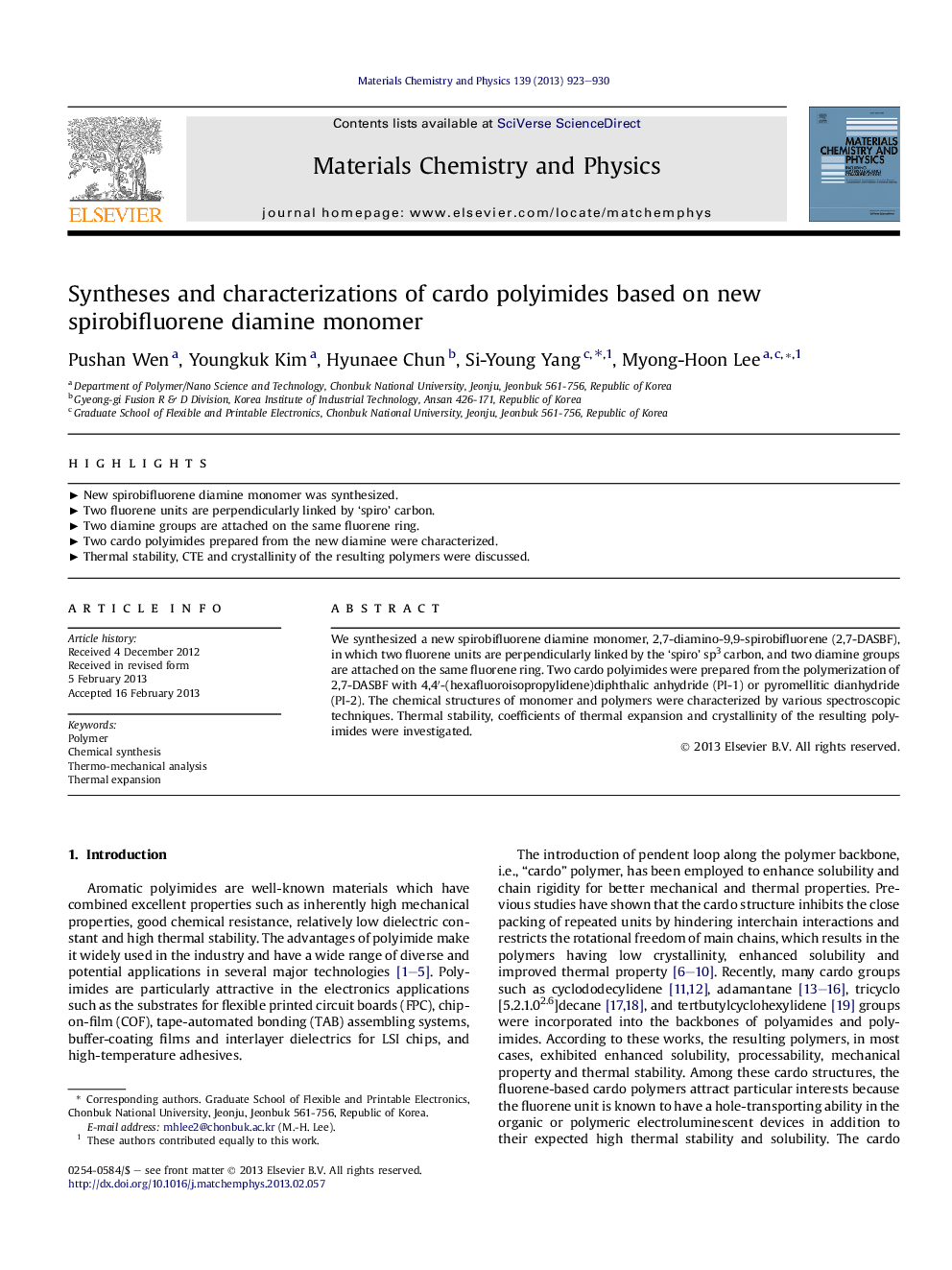 Syntheses and characterizations of cardo polyimides based on new spirobifluorene diamine monomer