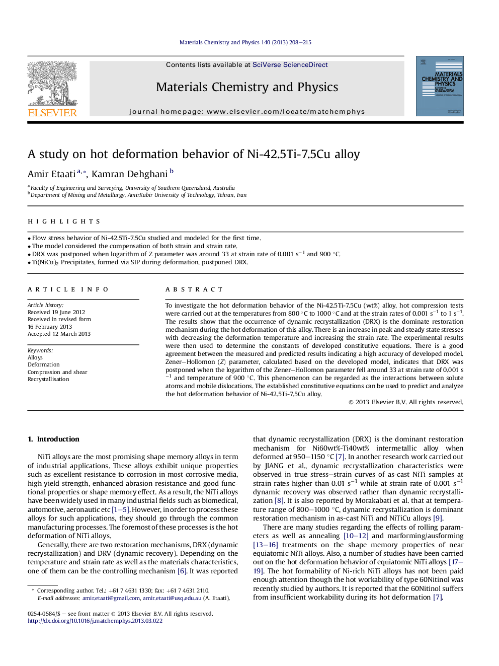 A study on hot deformation behavior of Ni-42.5Ti-7.5Cu alloy