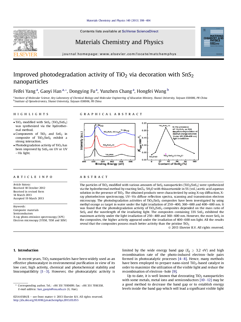 Improved photodegradation activity of TiO2 via decoration with SnS2 nanoparticles