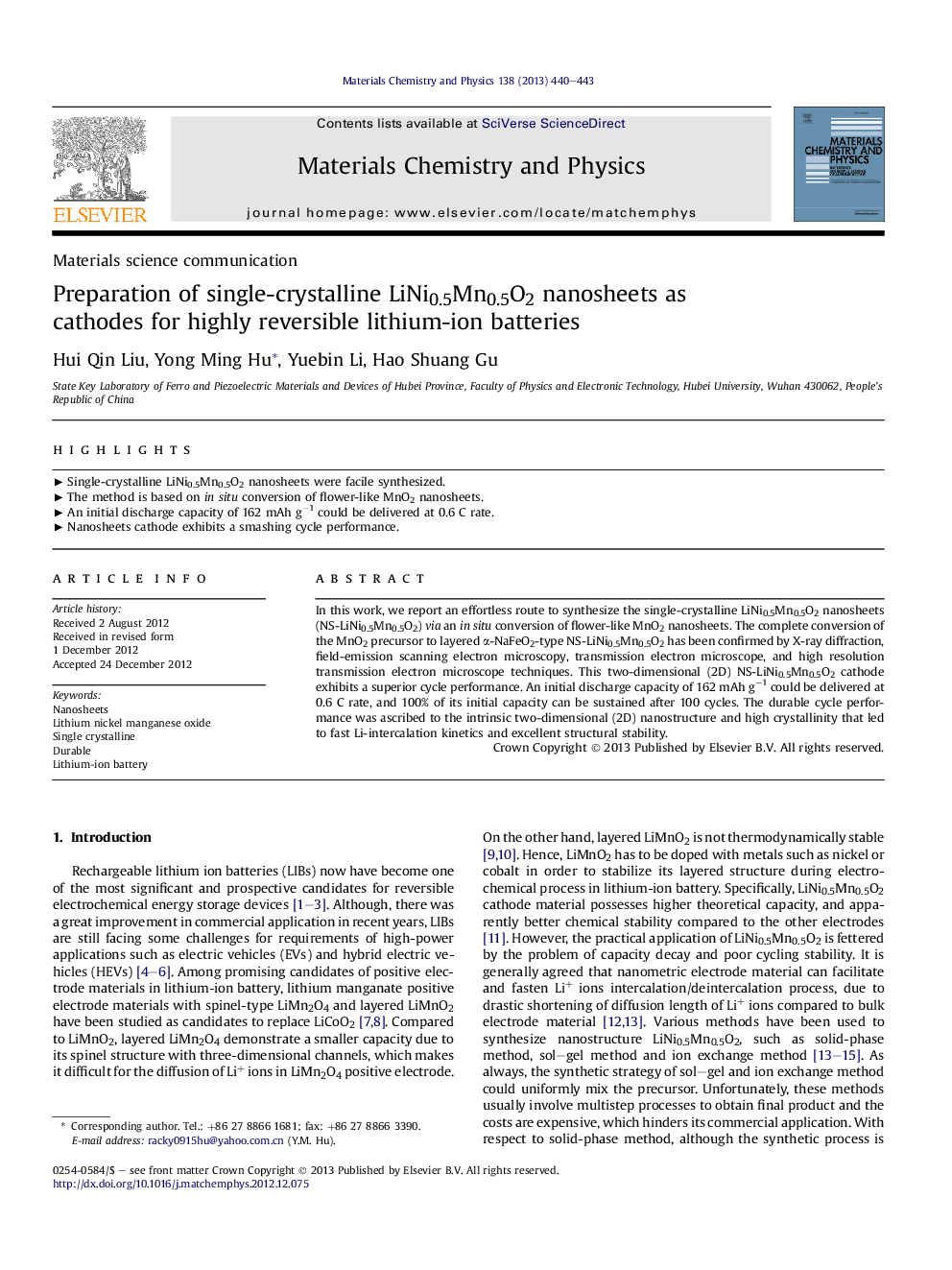 Preparation of single-crystalline LiNi0.5Mn0.5O2 nanosheets as cathodes for highly reversible lithium-ion batteries