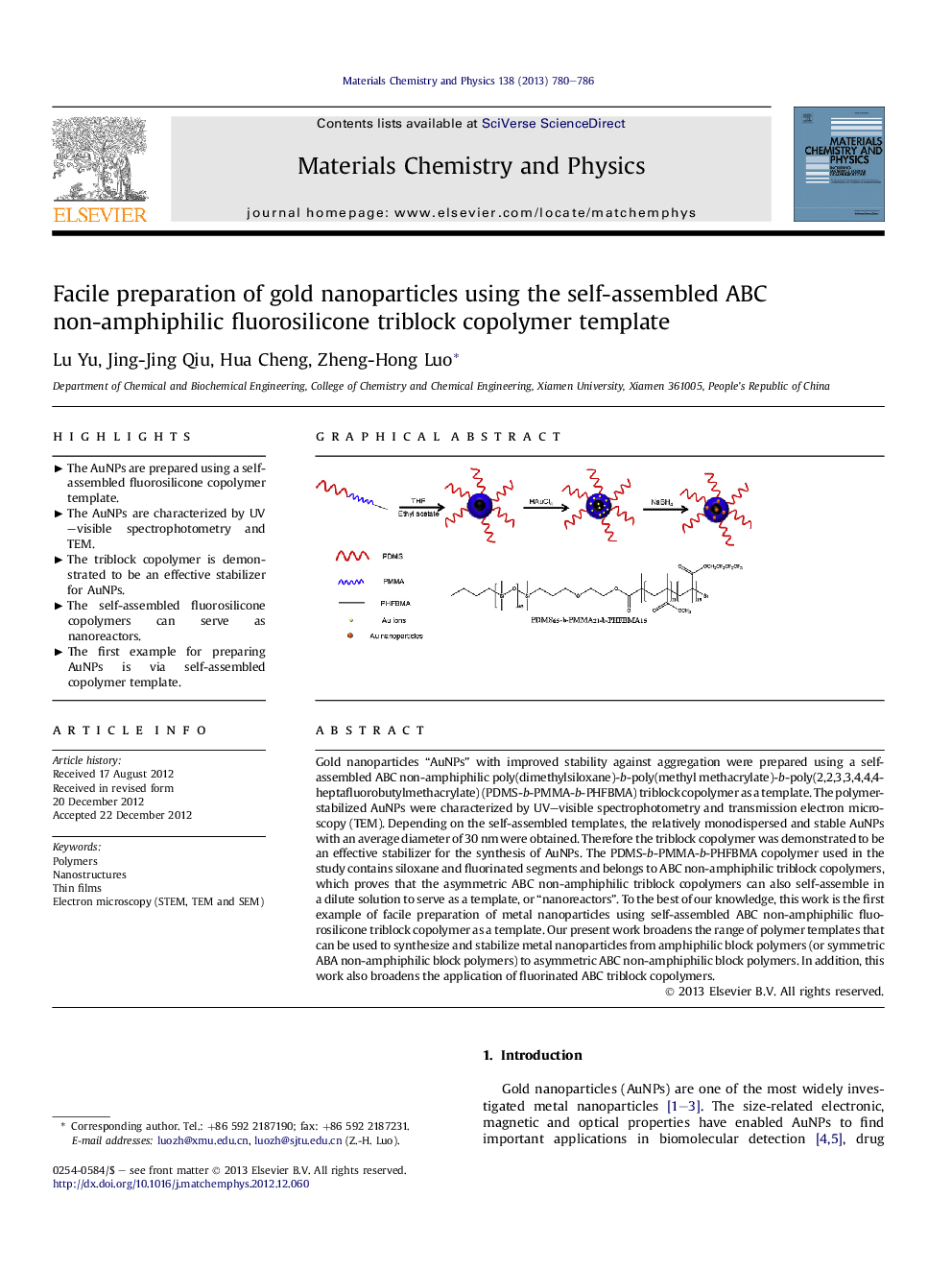 Facile preparation of gold nanoparticles using the self-assembled ABC non-amphiphilic fluorosilicone triblock copolymer template