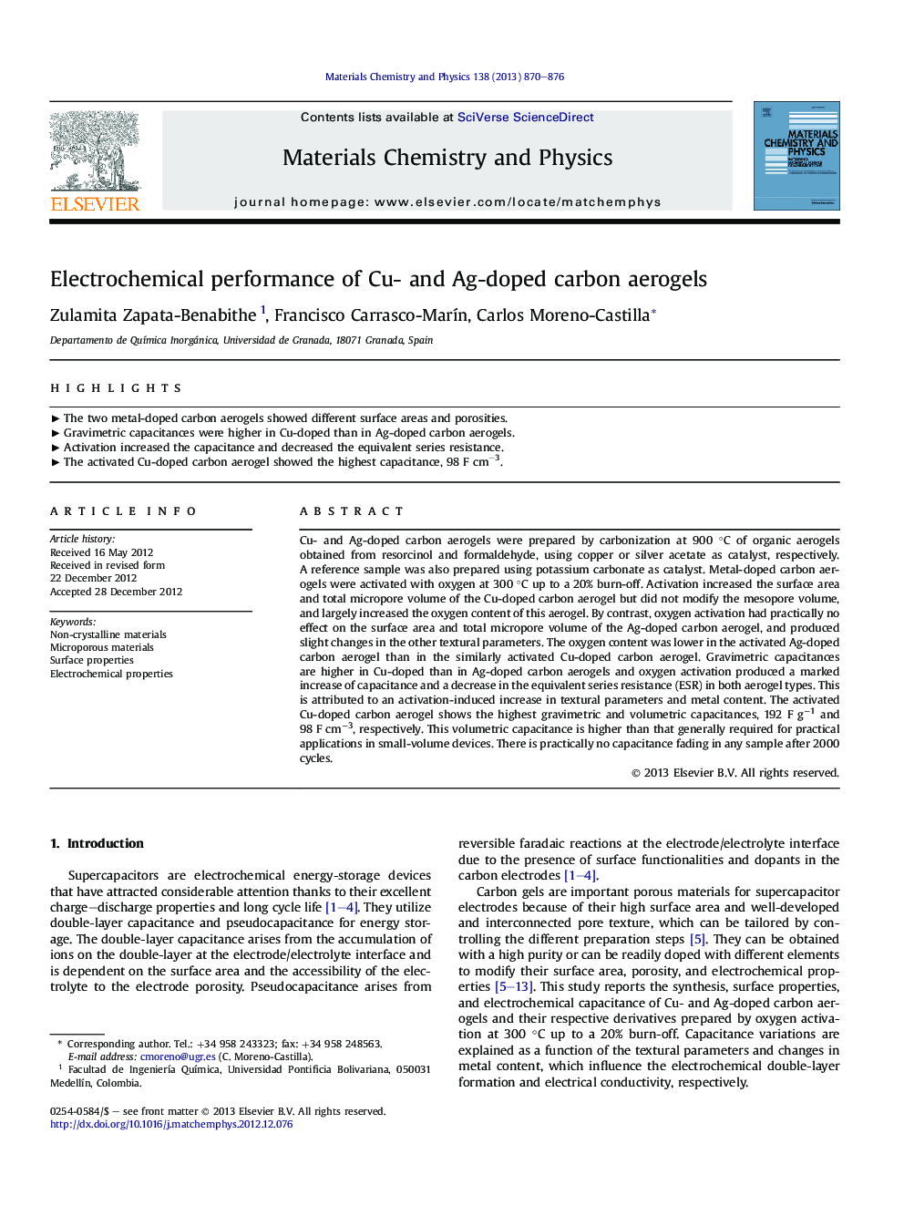 Electrochemical performance of Cu- and Ag-doped carbon aerogels