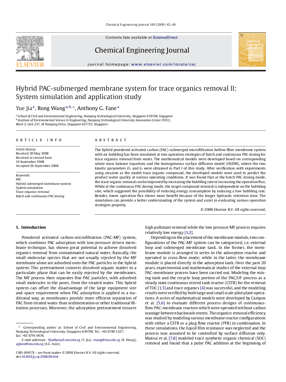 عکس صفحه اول مقاله: Hybrid PAC-submerged membrane system for trace organics removal II: System simulation and application study Hybrid PAC-submerged membrane system for trace organics removal II: System simulation and application study