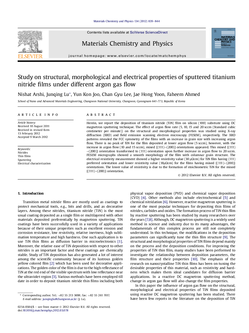 Study on structural, morphological and electrical properties of sputtered titanium nitride films under different argon gas flow