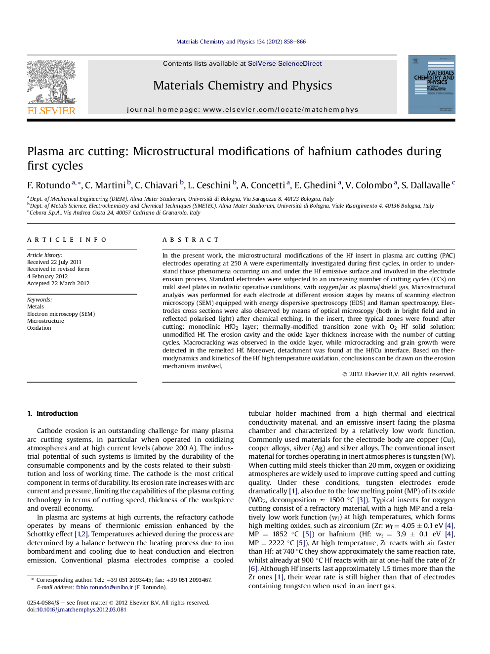 Plasma arc cutting: Microstructural modifications of hafnium cathodes during first cycles