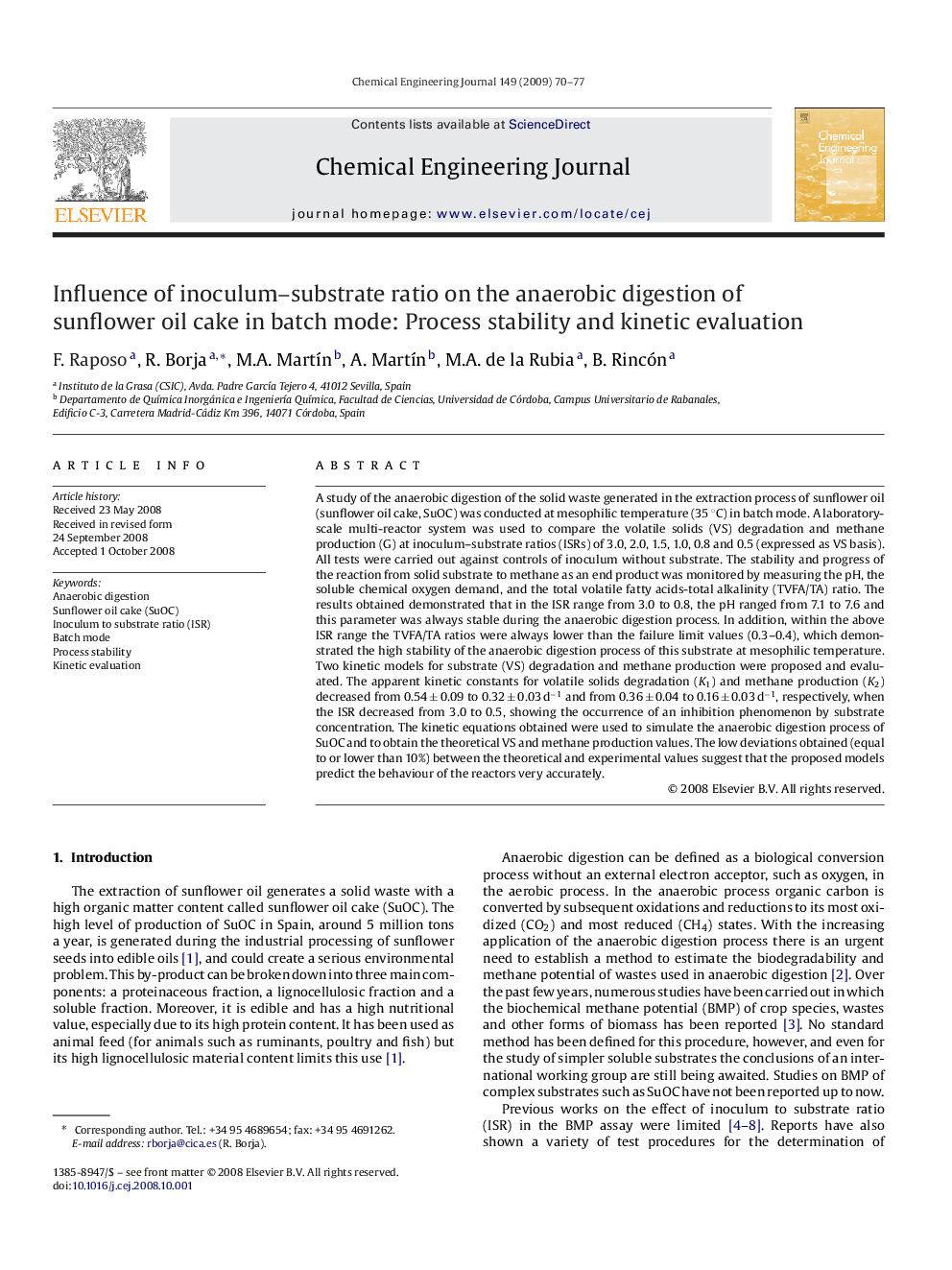 Influence of inoculum–substrate ratio on the anaerobic digestion of sunflower oil cake in batch mode: Process stability and kinetic evaluation