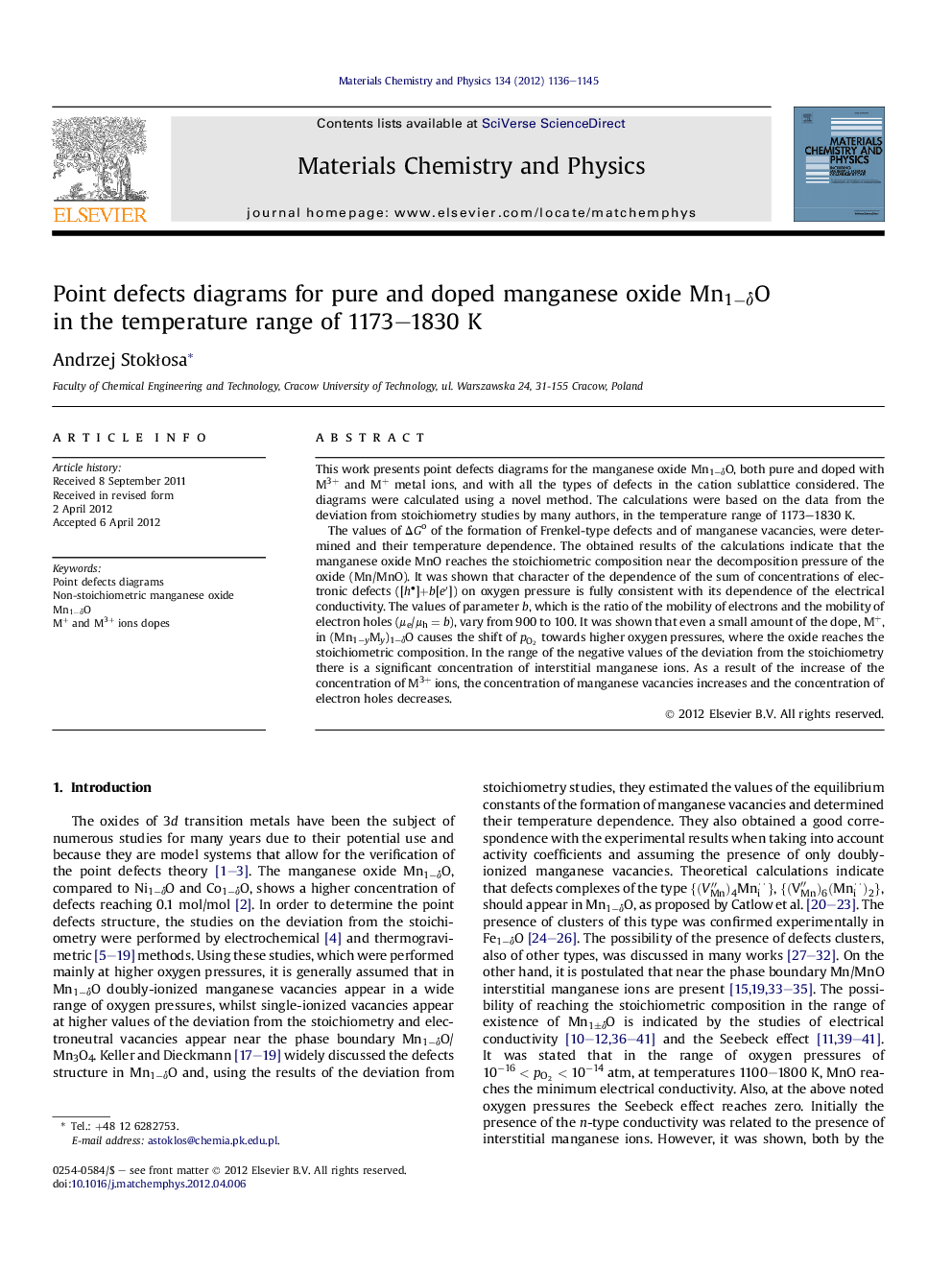 Point defects diagrams for pure and doped manganese oxide Mn1âÎ´O in the temperature range of 1173-1830Â K