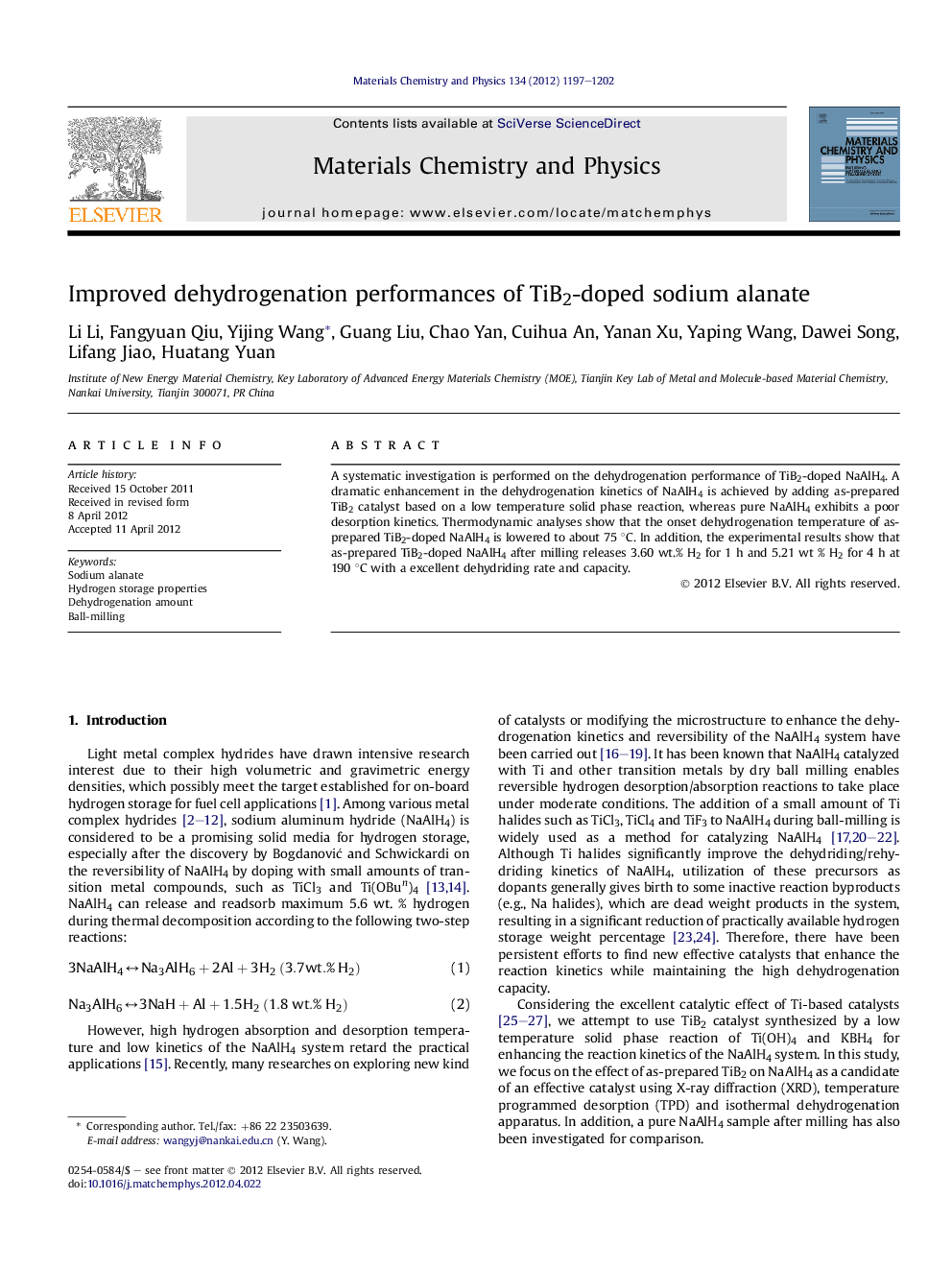 Improved dehydrogenation performances of TiB2-doped sodium alanate