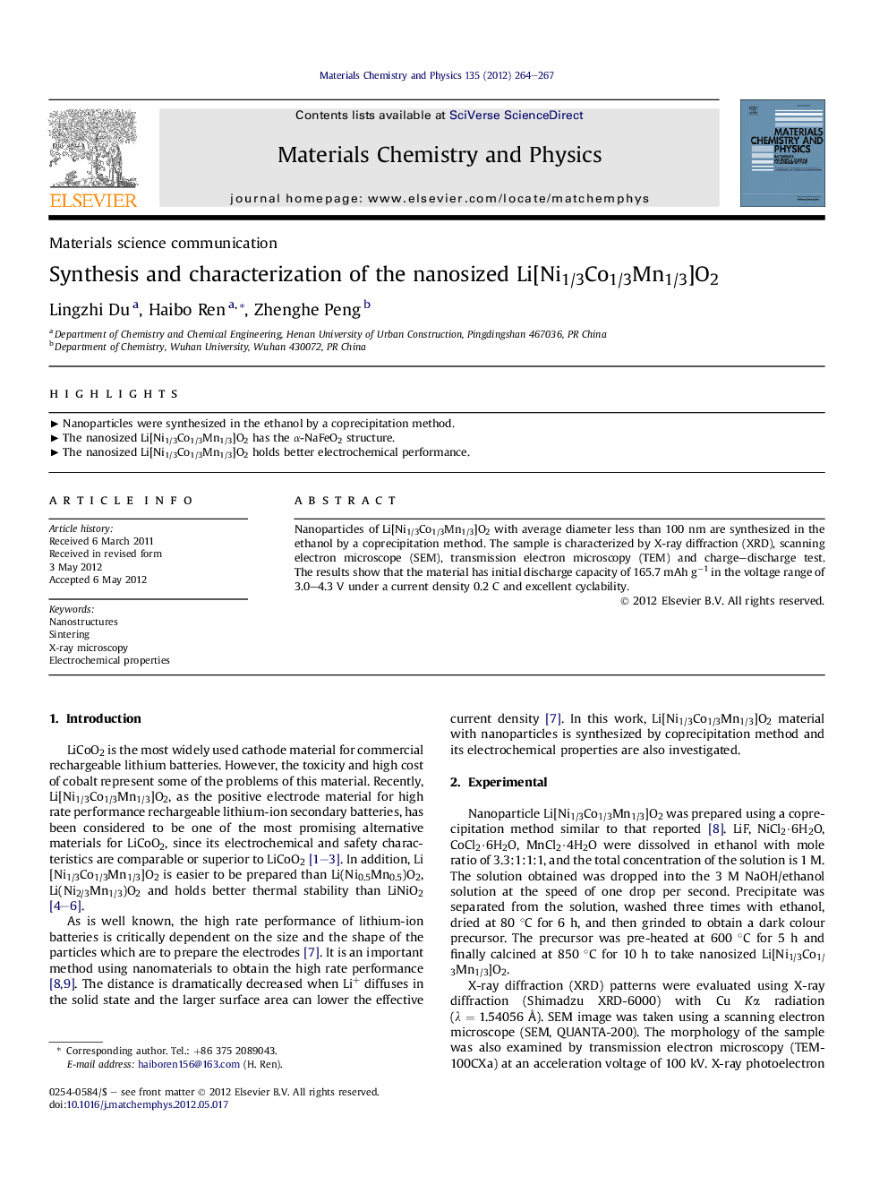 Synthesis and characterization of the nanosized Li[Ni1/3Co1/3Mn1/3]O2