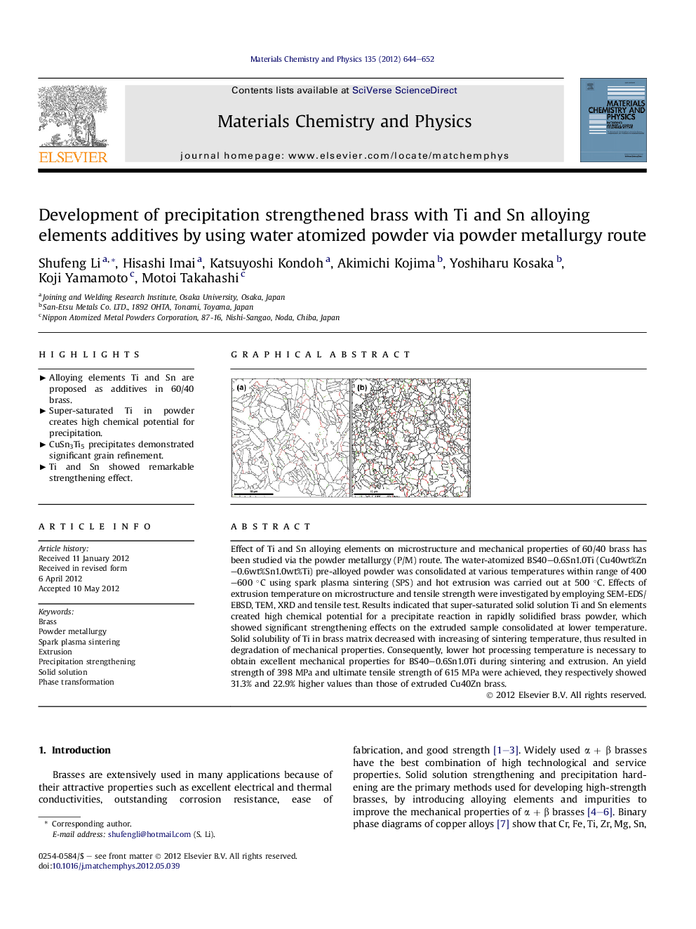 Development of precipitation strengthened brass with Ti and Sn alloying elements additives by using water atomized powder via powder metallurgy route