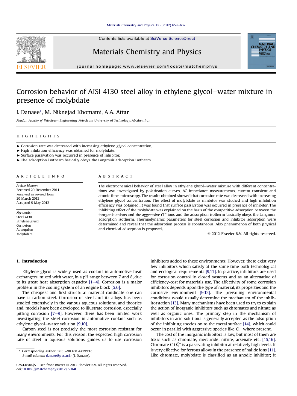 Corrosion behavior of AISI 4130 steel alloy in ethylene glycol–water mixture in presence of molybdate