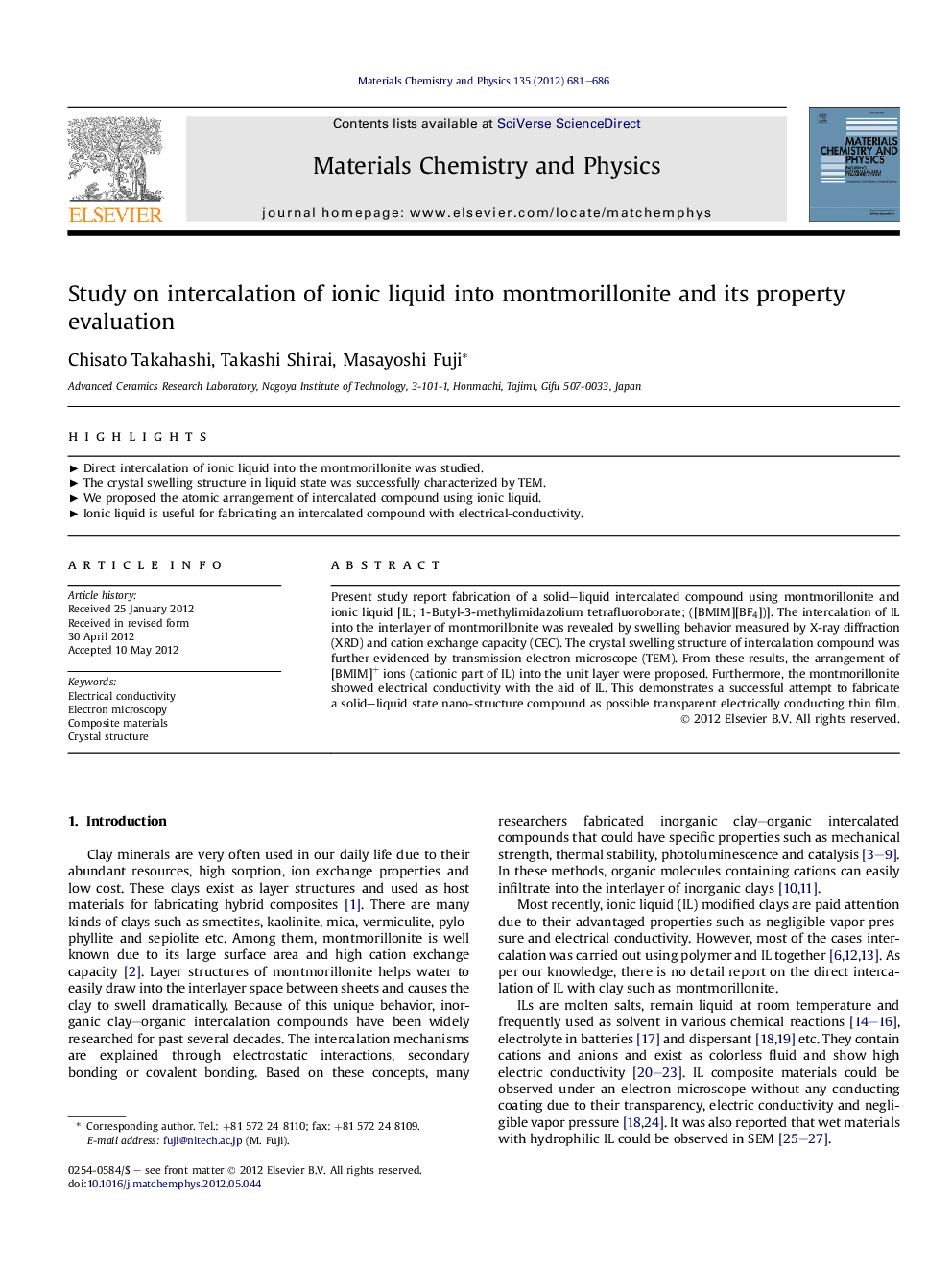 Study on intercalation of ionic liquid into montmorillonite and its property evaluation