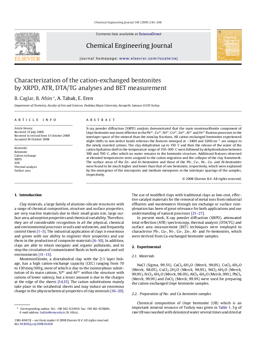 Characterization of the cation-exchanged bentonites by XRPD, ATR, DTA/TG analyses and BET measurement