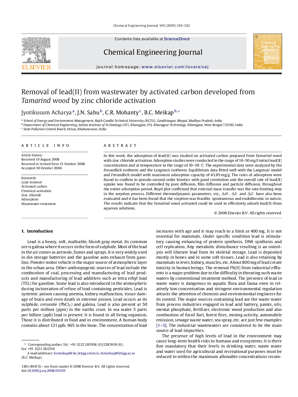 Removal of lead(II) from wastewater by activated carbon developed from Tamarind wood by zinc chloride activation