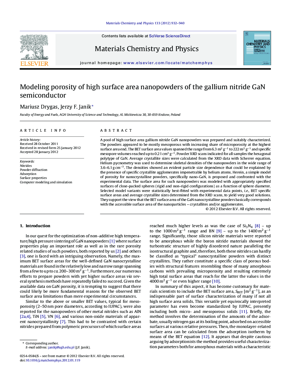 Modeling porosity of high surface area nanopowders of the gallium nitride GaN semiconductor