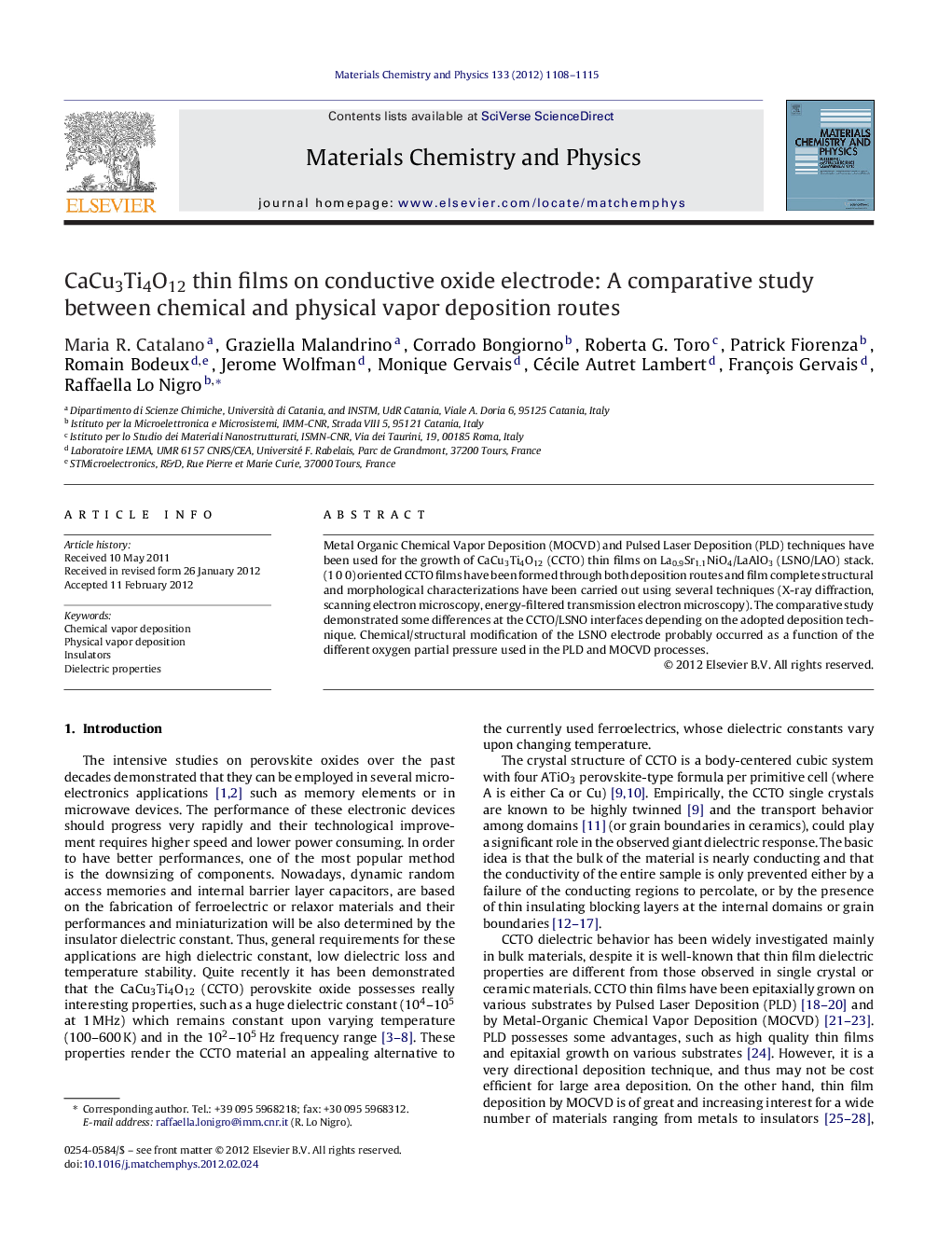 CaCu3Ti4O12 thin films on conductive oxide electrode: A comparative study between chemical and physical vapor deposition routes