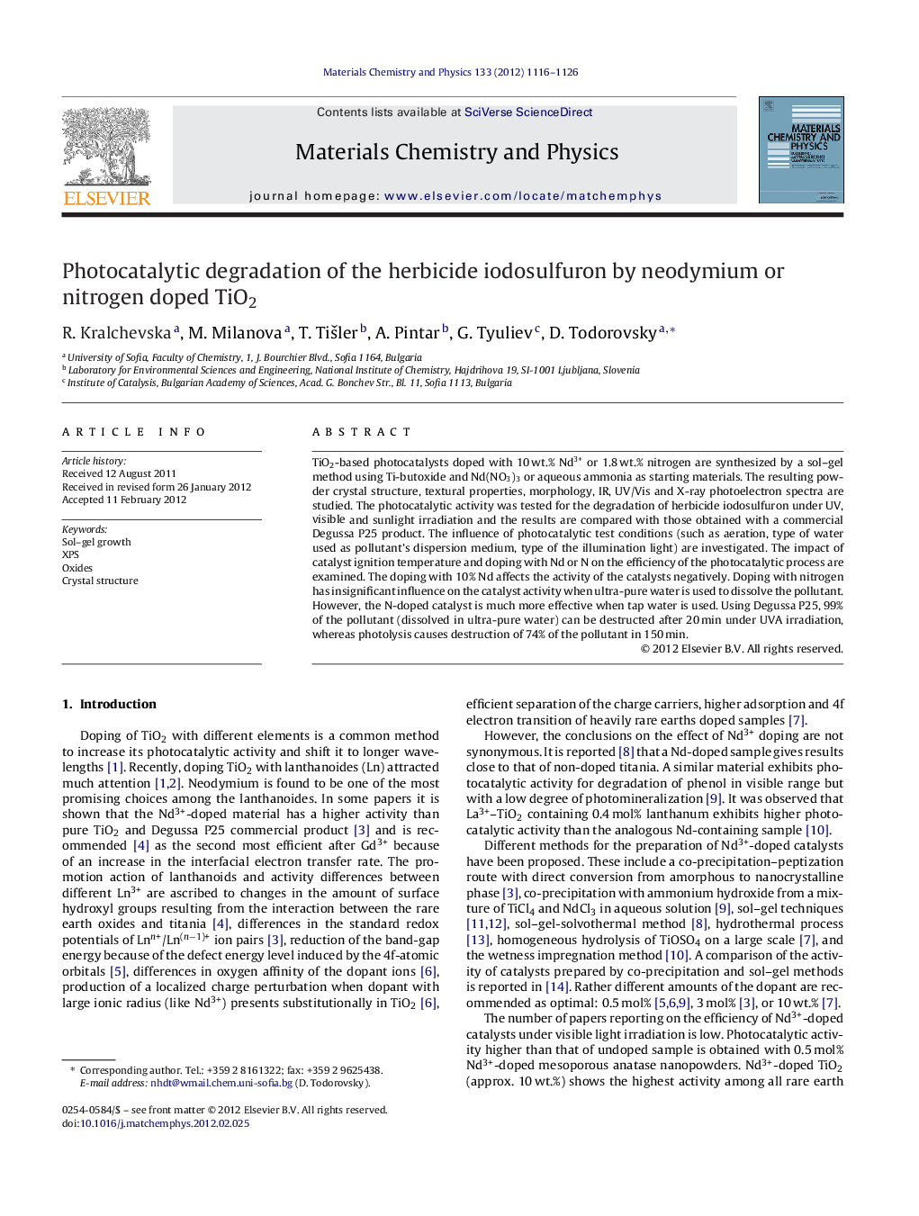 عکس صفحه اول مقاله: Photocatalytic degradation of the herbicide iodosulfuron by neodymium or nitrogen doped TiO2 Photocatalytic degradation of the herbicide iodosulfuron by neodymium or nitrogen doped TiO2