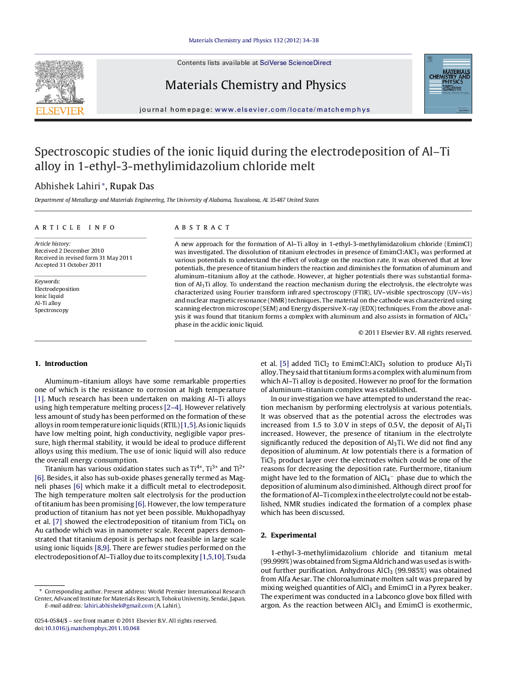 Spectroscopic studies of the ionic liquid during the electrodeposition of Al–Ti alloy in 1-ethyl-3-methylimidazolium chloride melt