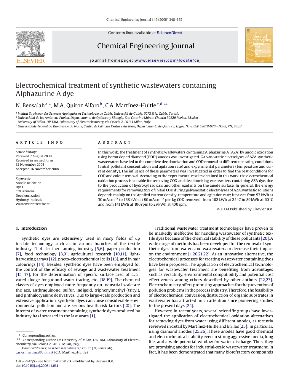 Electrochemical treatment of synthetic wastewaters containing Alphazurine A dye