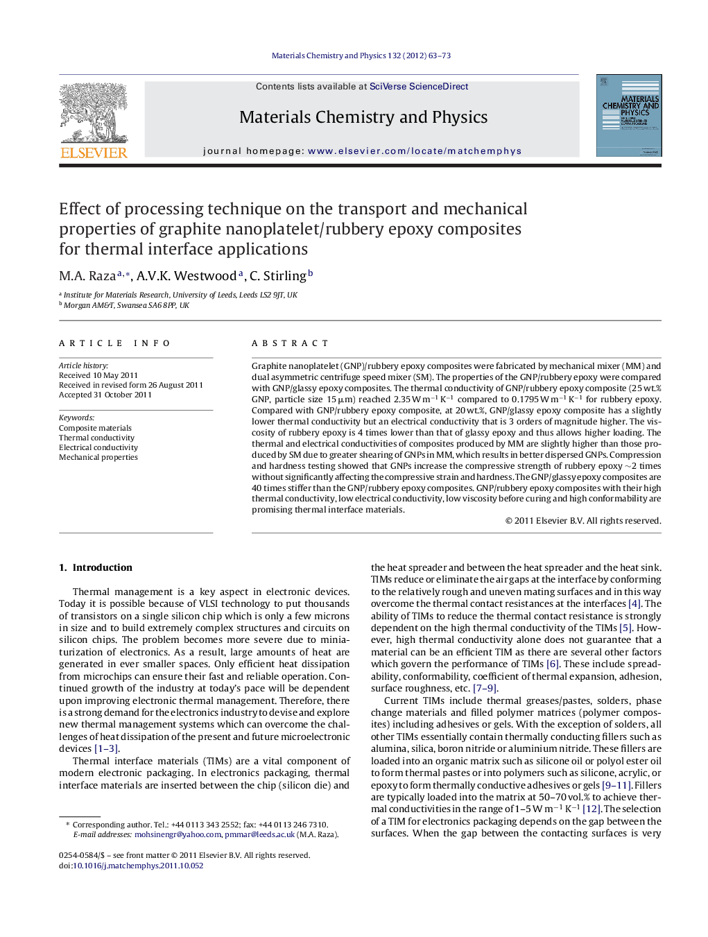 Effect of processing technique on the transport and mechanical properties of graphite nanoplatelet/rubbery epoxy composites for thermal interface applications