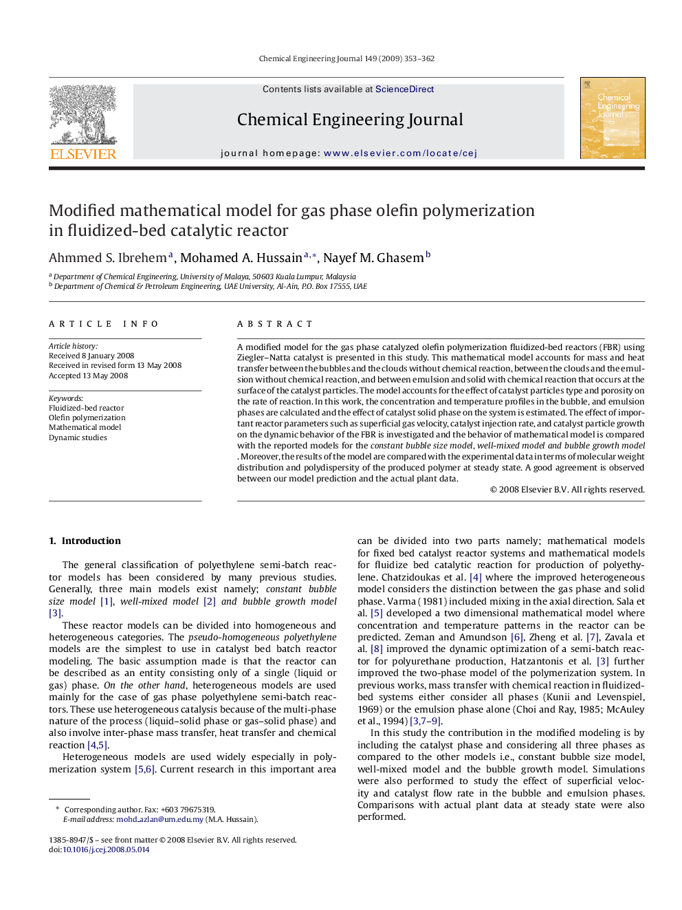 Modified mathematical model for gas phase olefin polymerization in fluidized-bed catalytic reactor