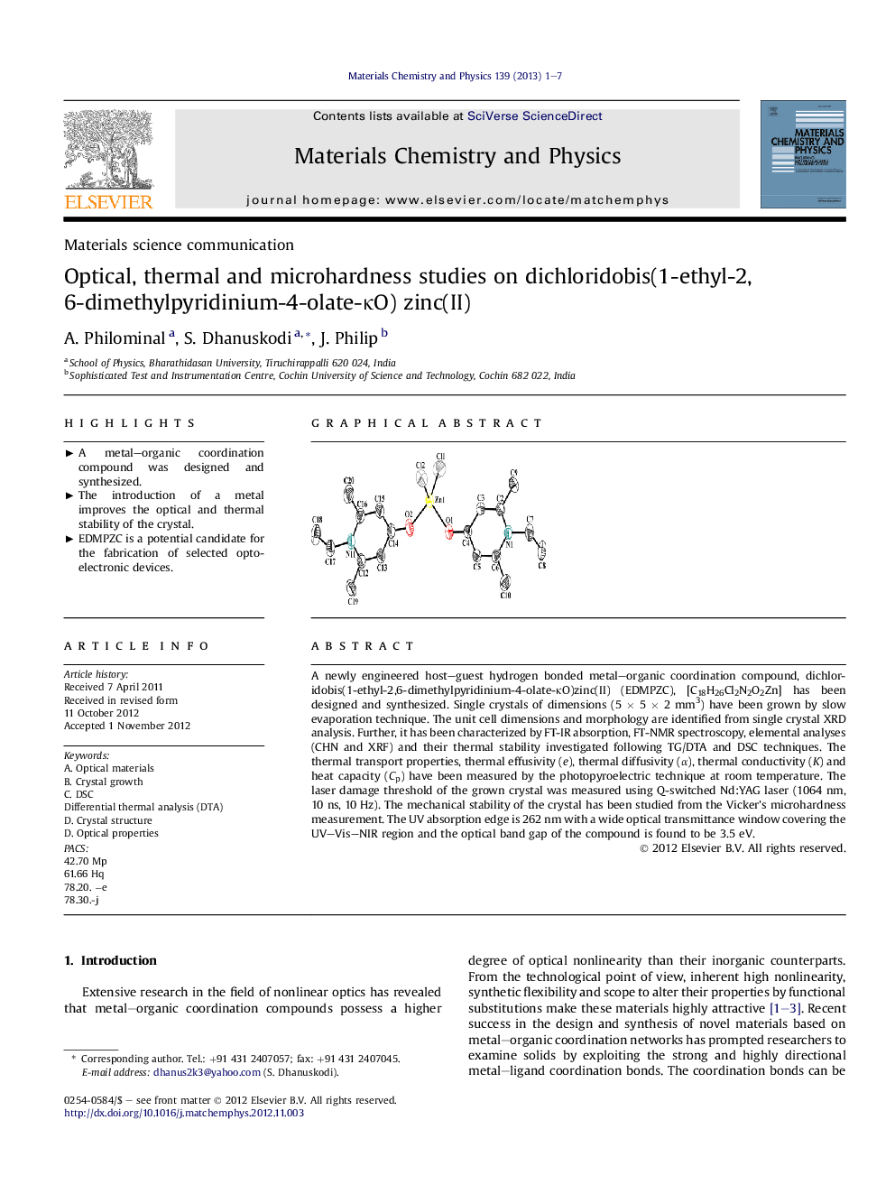 Optical, thermal and microhardness studies on dichloridobis(1-ethyl-2,6-dimethylpyridinium-4-olate-ÎºO) zinc(II)