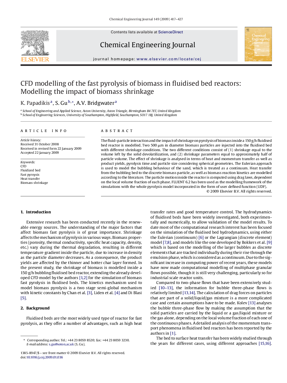 CFD modelling of the fast pyrolysis of biomass in fluidised bed reactors: Modelling the impact of biomass shrinkage