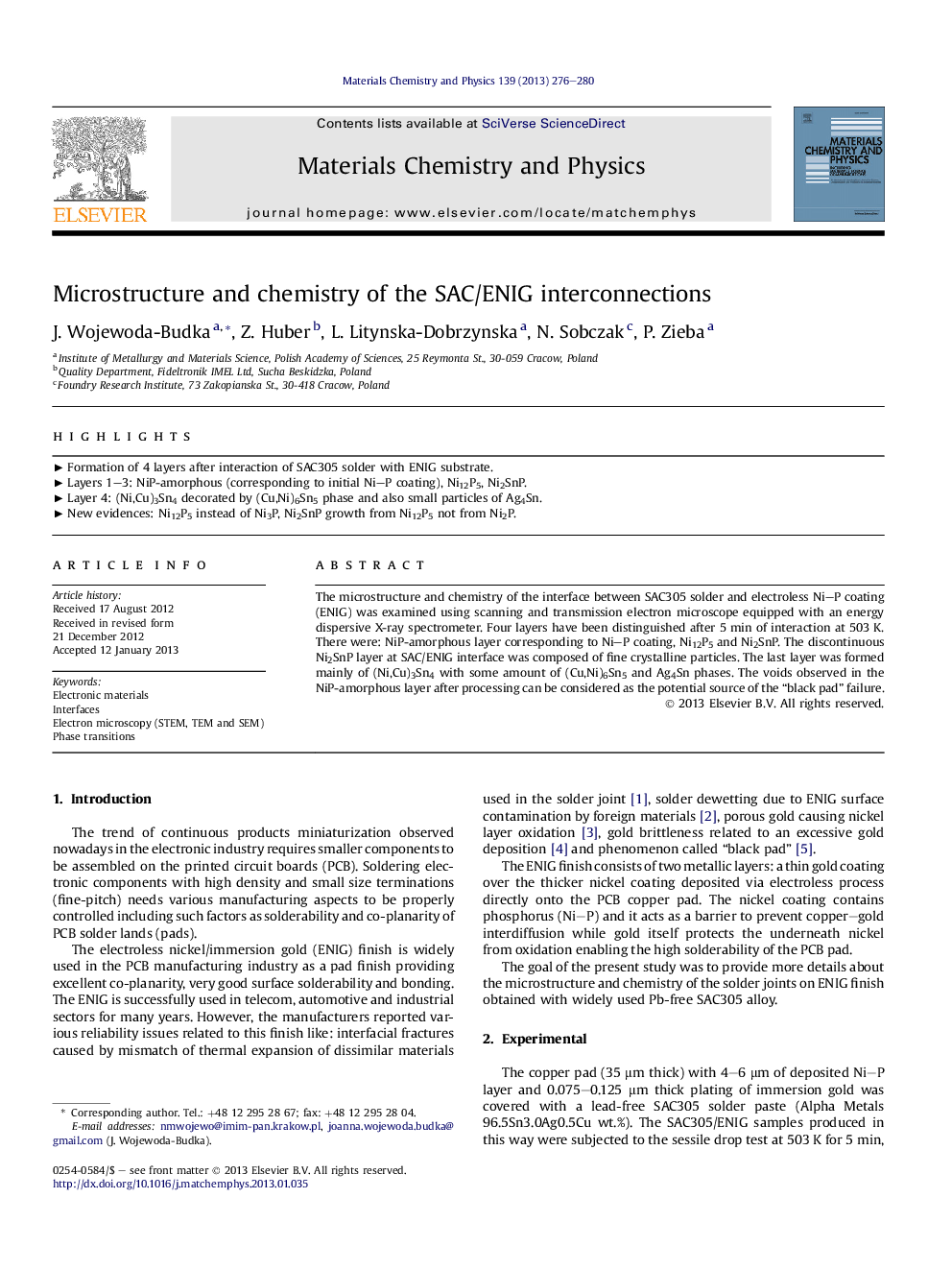 Microstructure and chemistry of the SAC/ENIG interconnections