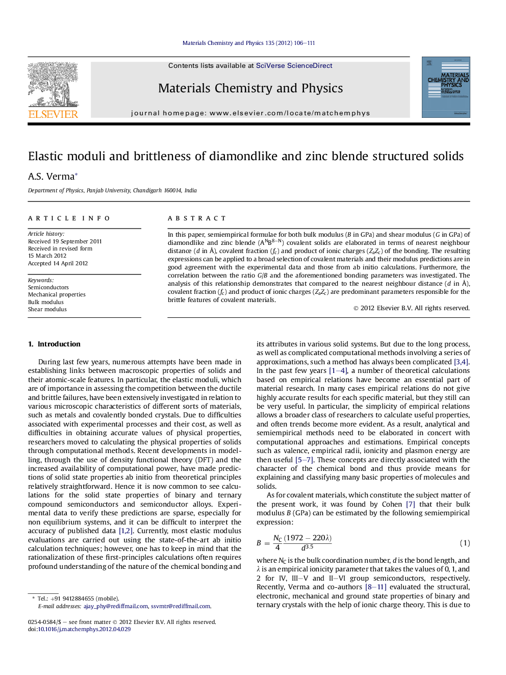 عکس صفحه اول مقاله: Elastic moduli and brittleness of diamondlike and zinc blende structured solids Elastic moduli and brittleness of diamondlike and zinc blende structured solids