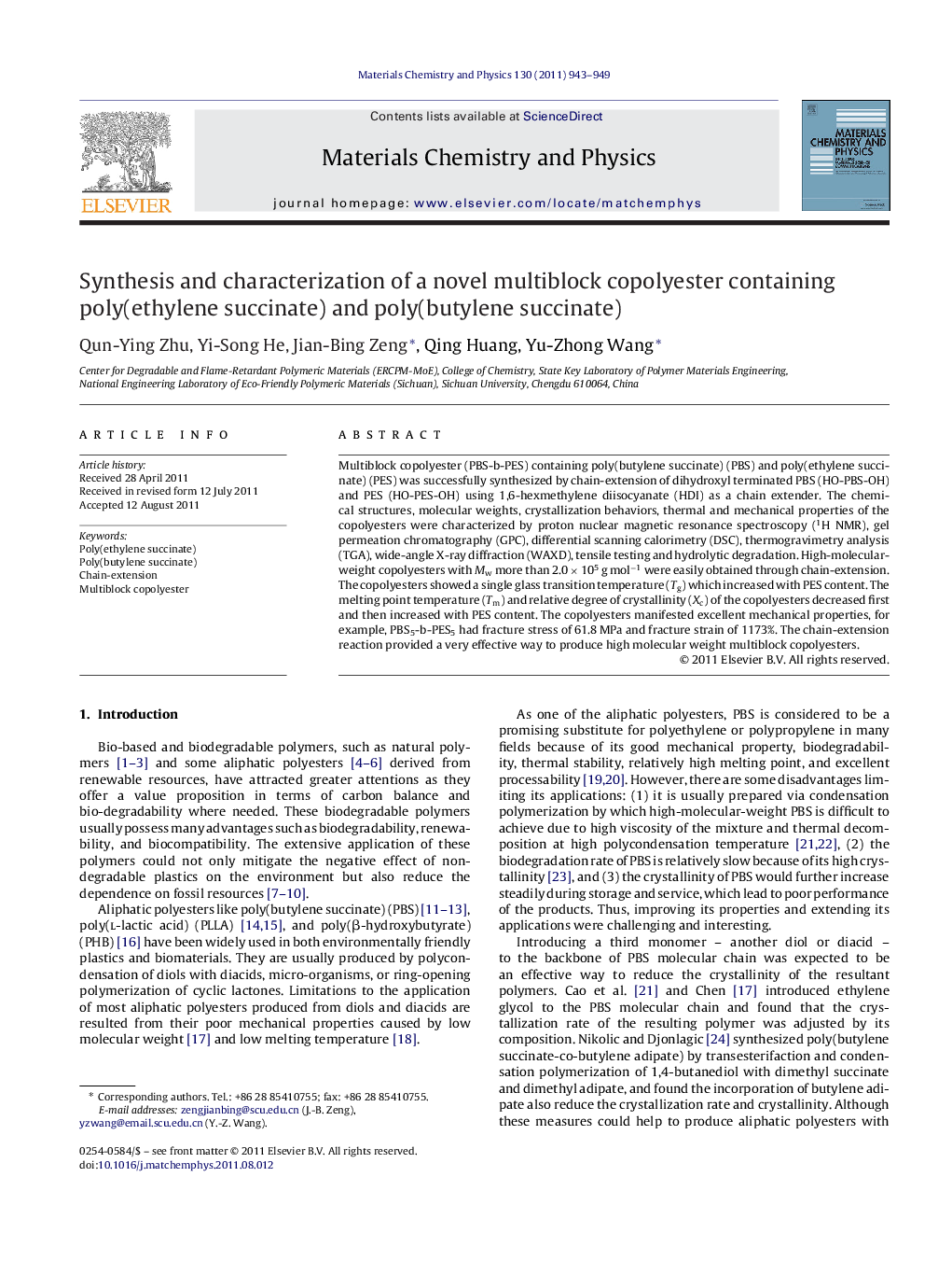 Synthesis and characterization of a novel multiblock copolyester containing poly(ethylene succinate) and poly(butylene succinate)