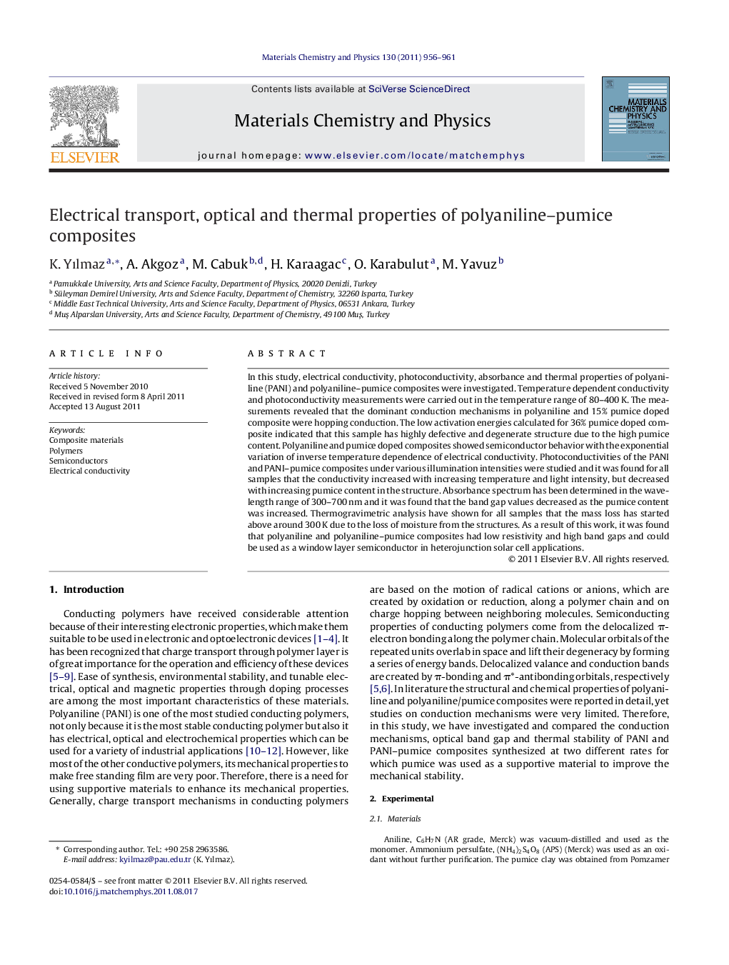 عکس صفحه اول مقاله: Electrical transport, optical and thermal properties of polyaniline-pumice composites Electrical transport, optical and thermal properties of polyaniline-pumice composites