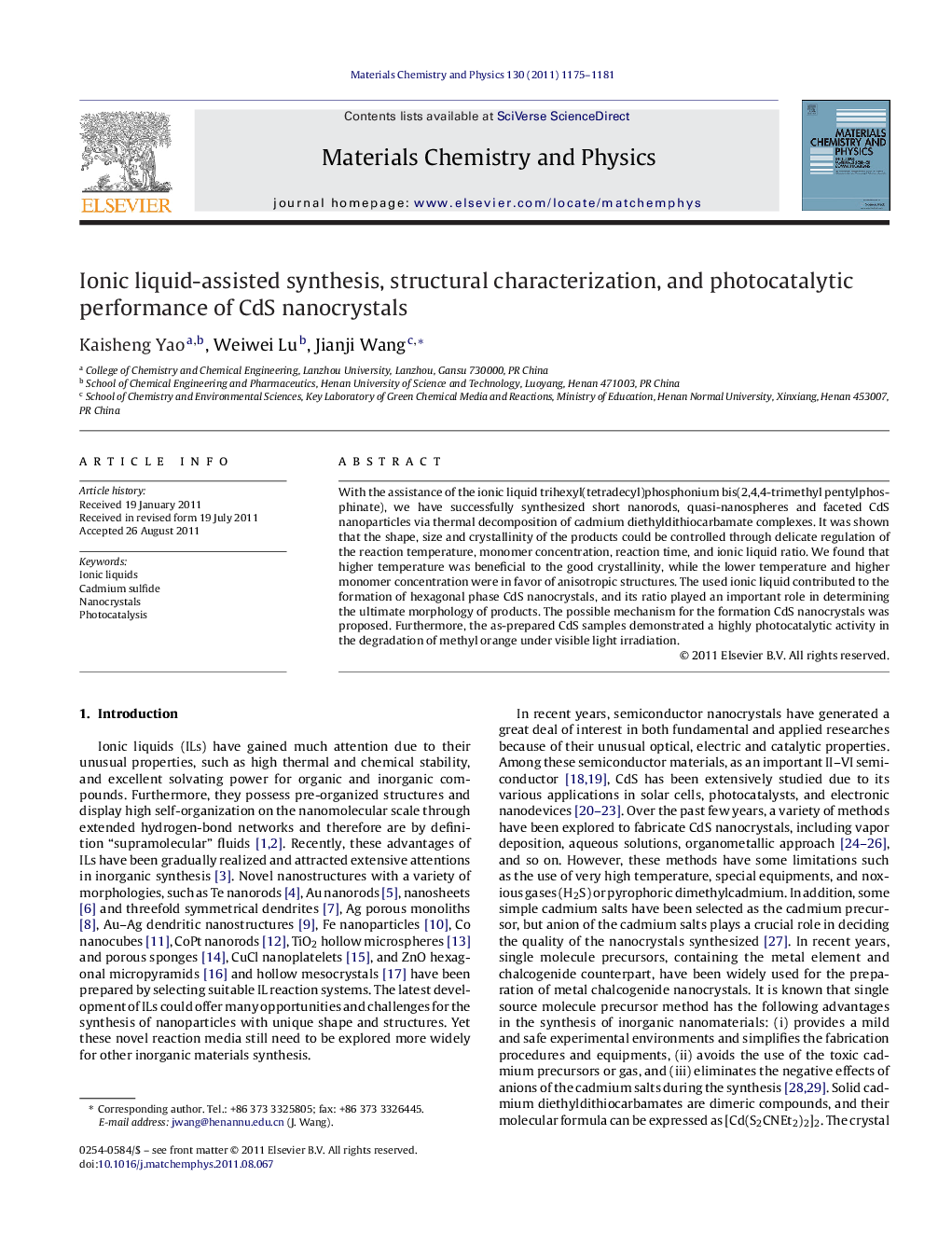 Ionic liquid-assisted synthesis, structural characterization, and photocatalytic performance of CdS nanocrystals