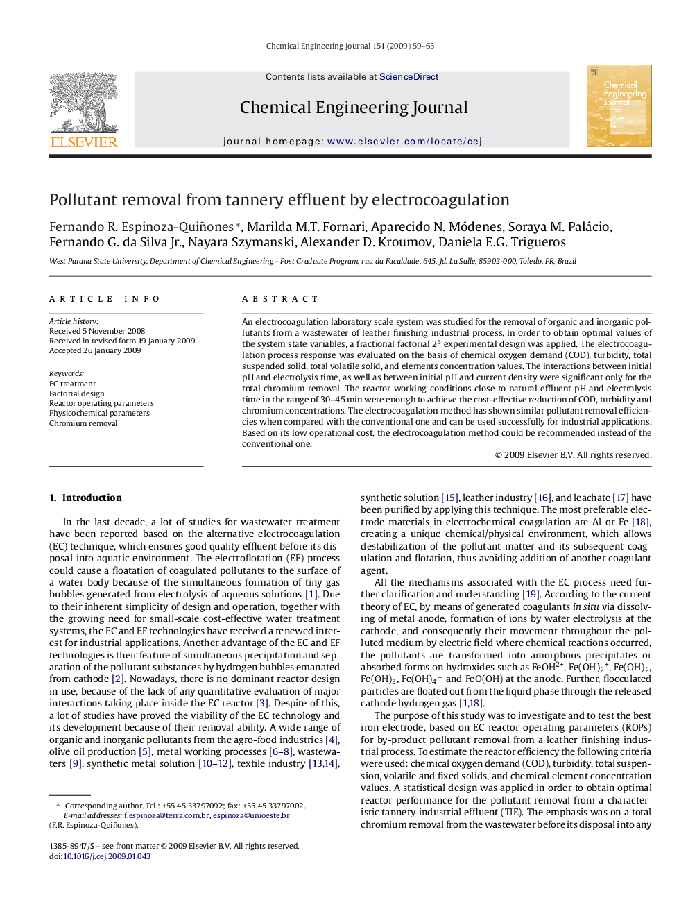 Pollutant removal from tannery effluent by electrocoagulation