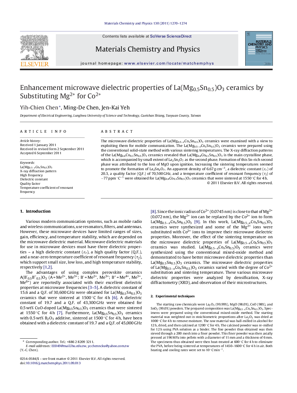 Enhancement microwave dielectric properties of La(Mg0.5Sn0.5)O3 ceramics by Substituting Mg2+ for Co2+