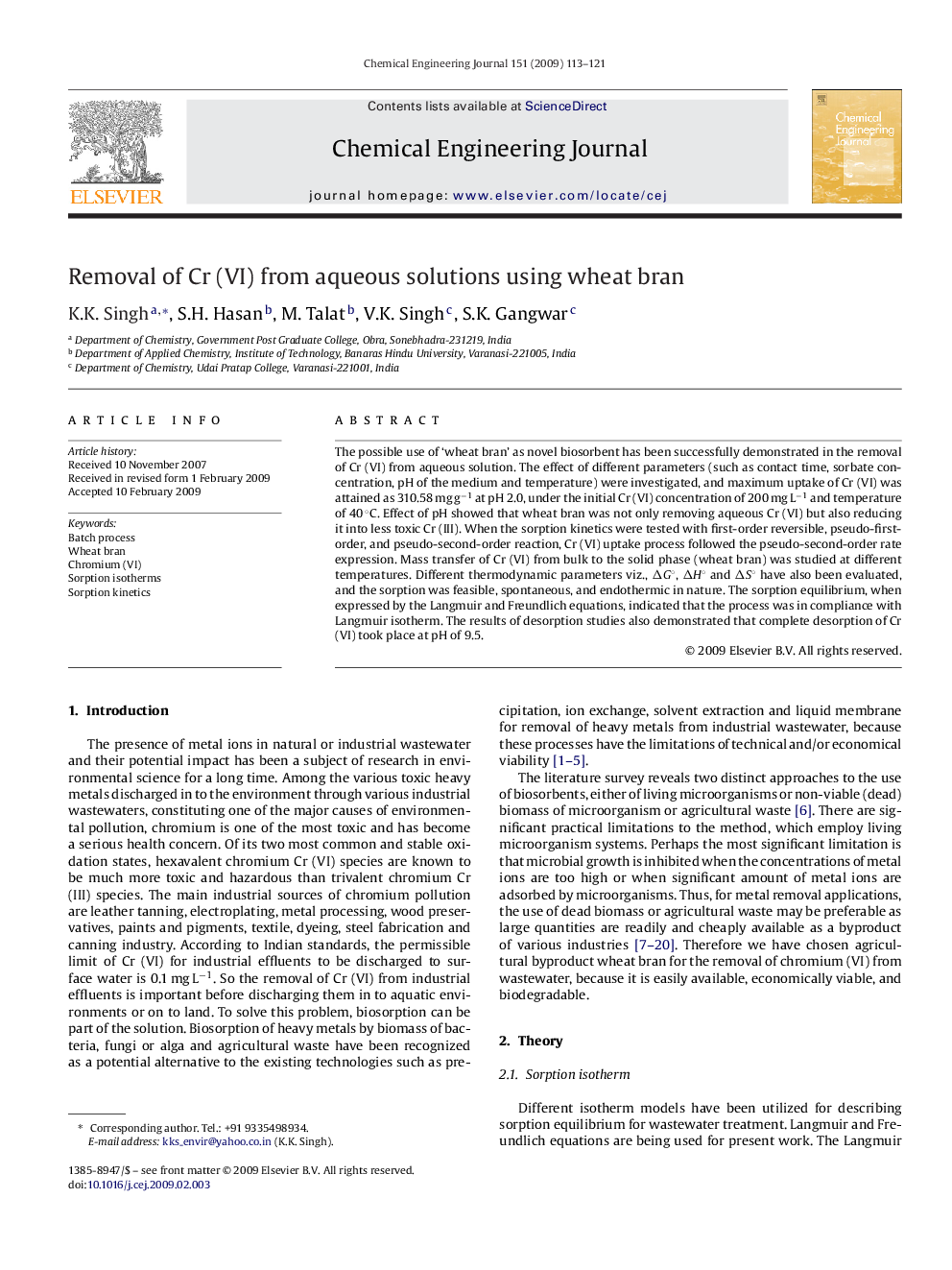 Removal of Cr (VI) from aqueous solutions using wheat bran