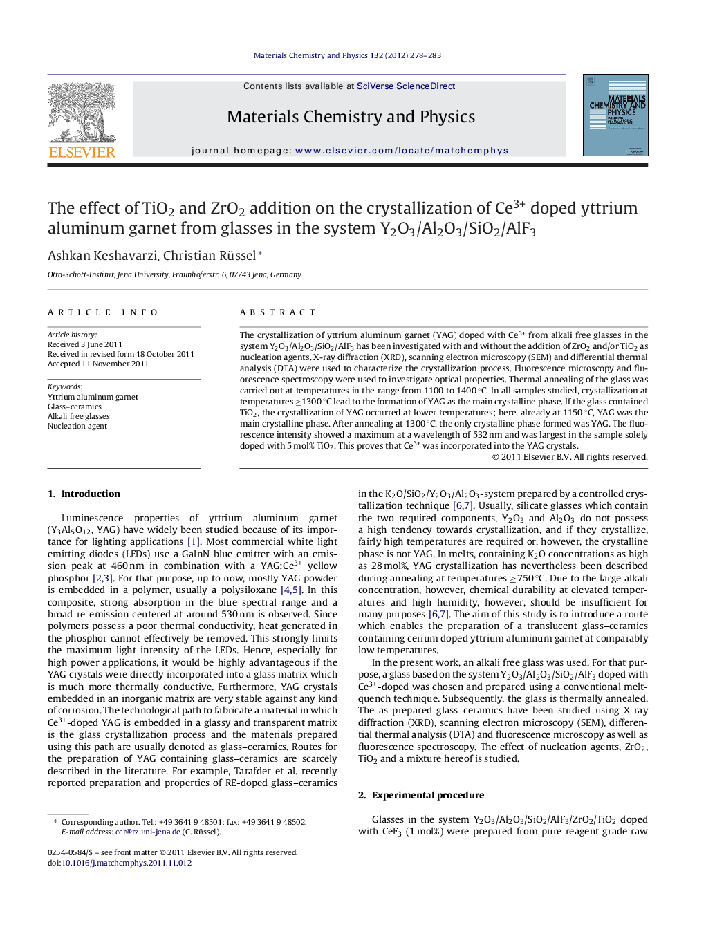 The effect of TiO2 and ZrO2 addition on the crystallization of Ce3+ doped yttrium aluminum garnet from glasses in the system Y2O3/Al2O3/SiO2/AlF3
