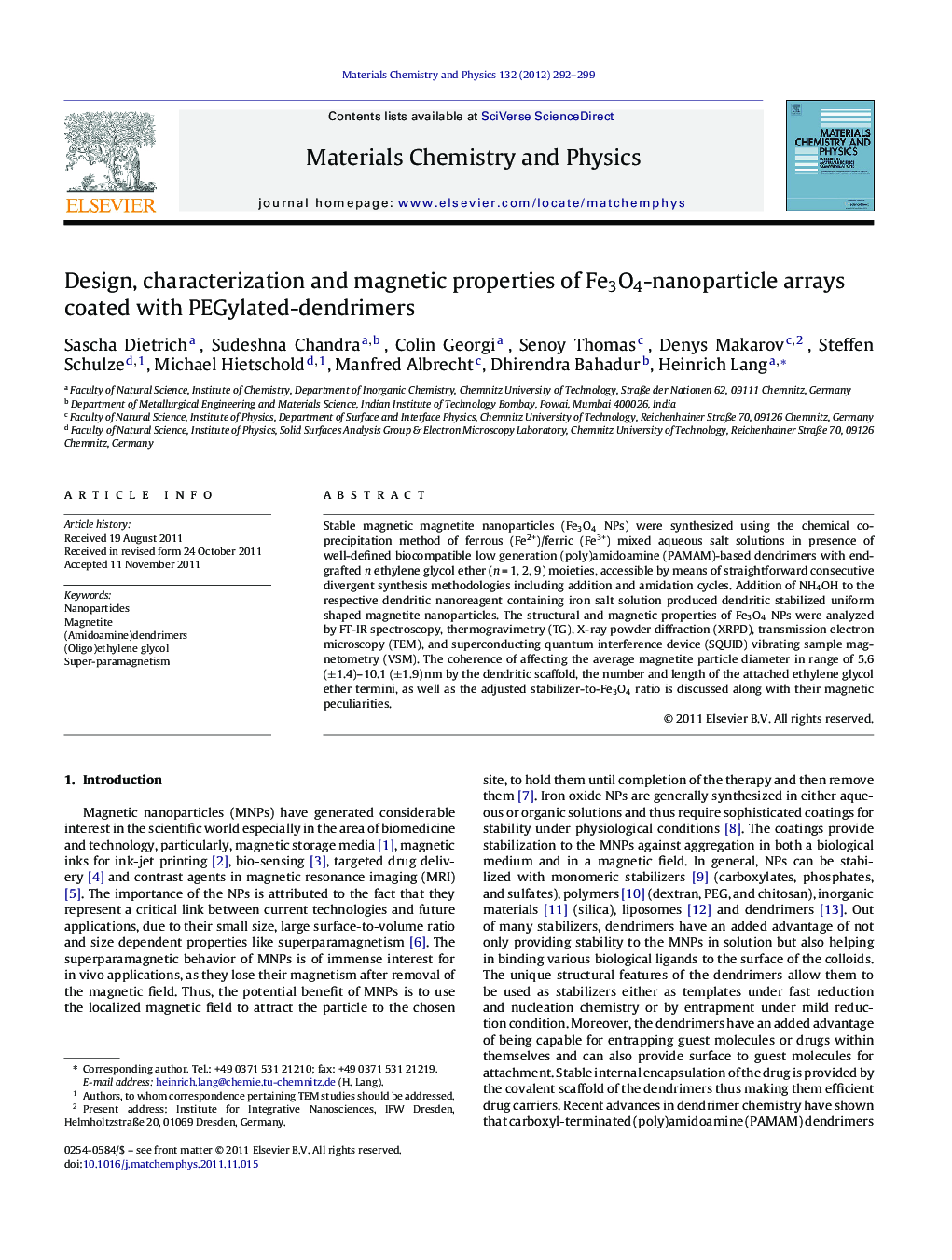 Design, characterization and magnetic properties of Fe3O4-nanoparticle arrays coated with PEGylated-dendrimers