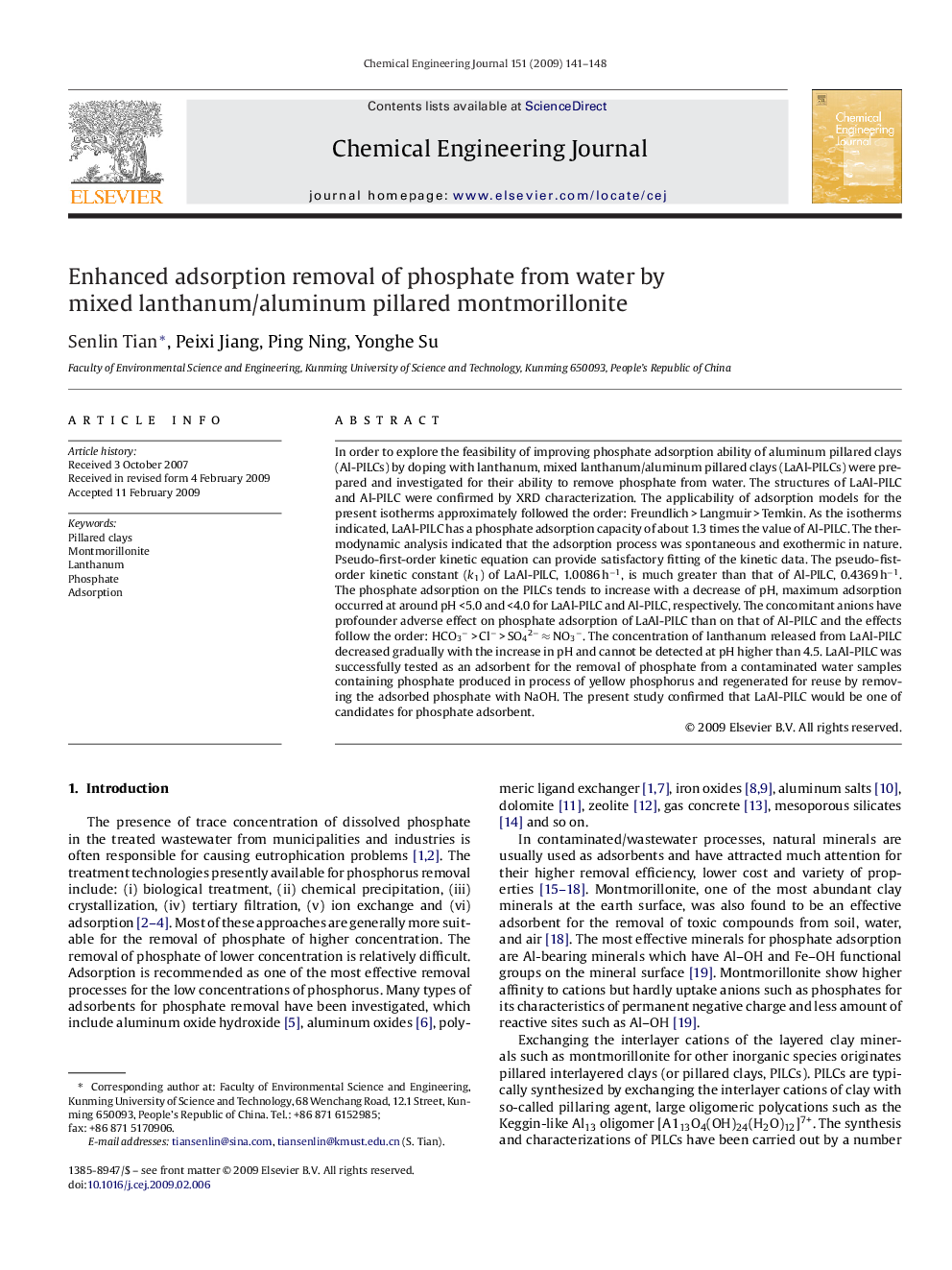 Enhanced adsorption removal of phosphate from water by mixed lanthanum/aluminum pillared montmorillonite