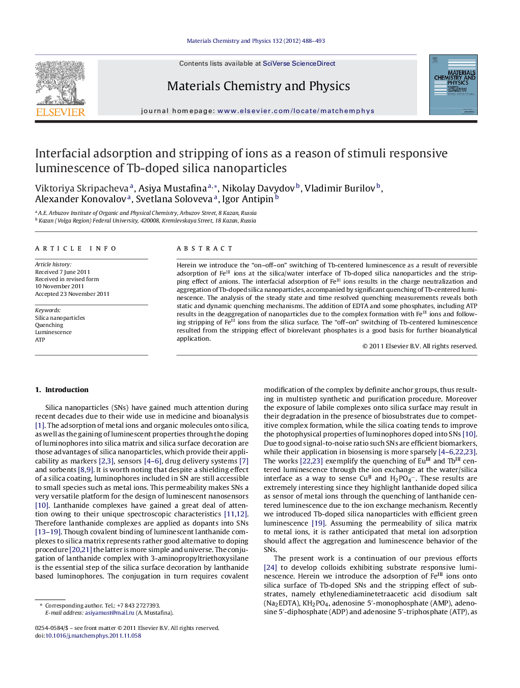 Interfacial adsorption and stripping of ions as a reason of stimuli responsive luminescence of Tb-doped silica nanoparticles