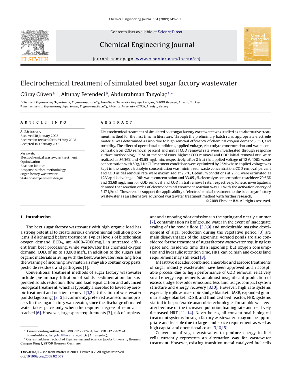 Electrochemical treatment of simulated beet sugar factory wastewater