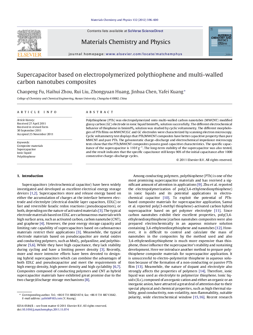 Supercapacitor based on electropolymerized polythiophene and multi-walled carbon nanotubes composites