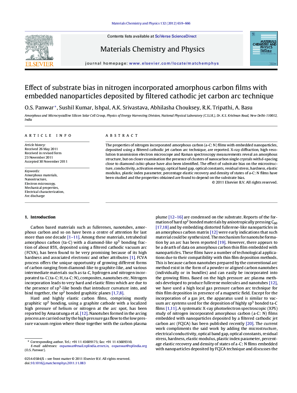 Effect of substrate bias in nitrogen incorporated amorphous carbon films with embedded nanoparticles deposited by filtered cathodic jet carbon arc technique