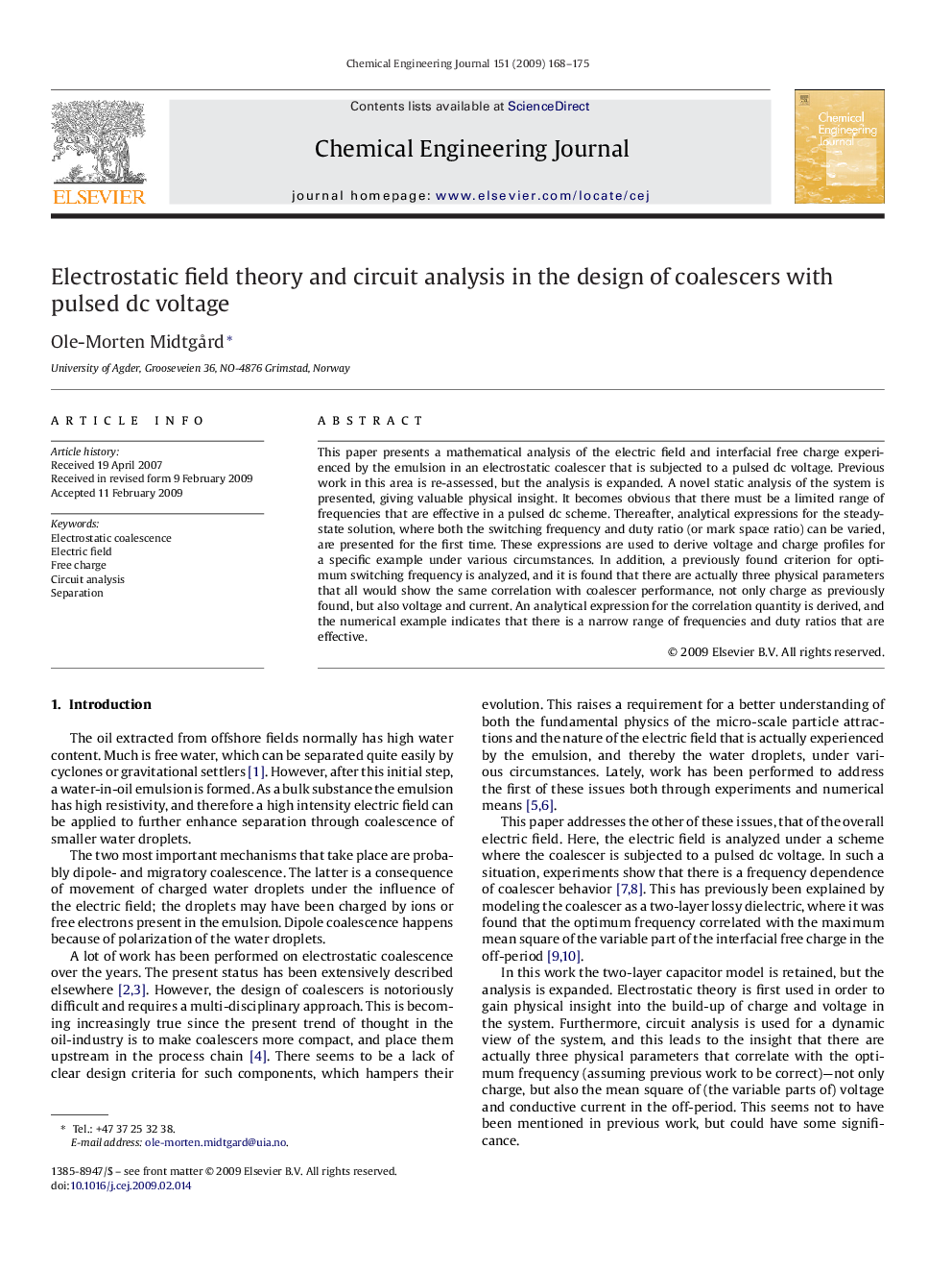 عکس صفحه اول مقاله: Electrostatic field theory and circuit analysis in the design of coalescers with pulsed dc voltage Electrostatic field theory and circuit analysis in the design of coalescers with pulsed dc voltage