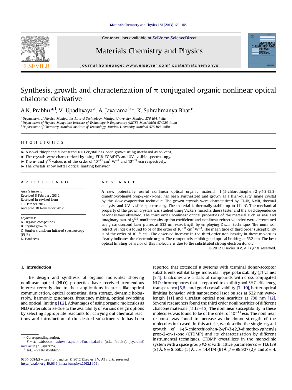 Synthesis, growth and characterization of Ï conjugated organic nonlinear optical chalcone derivative