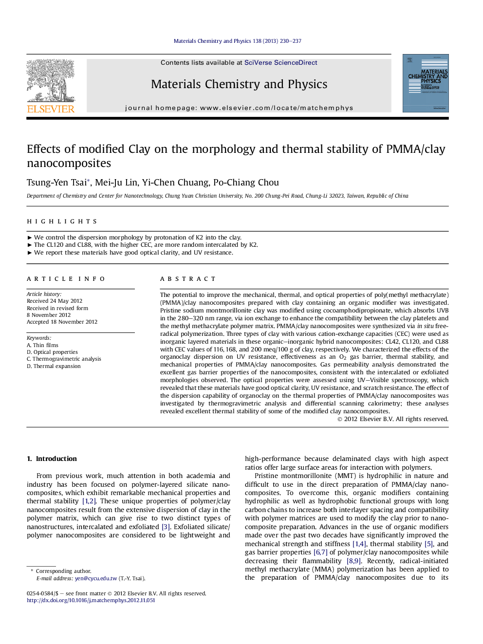 Effects of modified Clay on the morphology and thermal stability of PMMA/clay nanocomposites