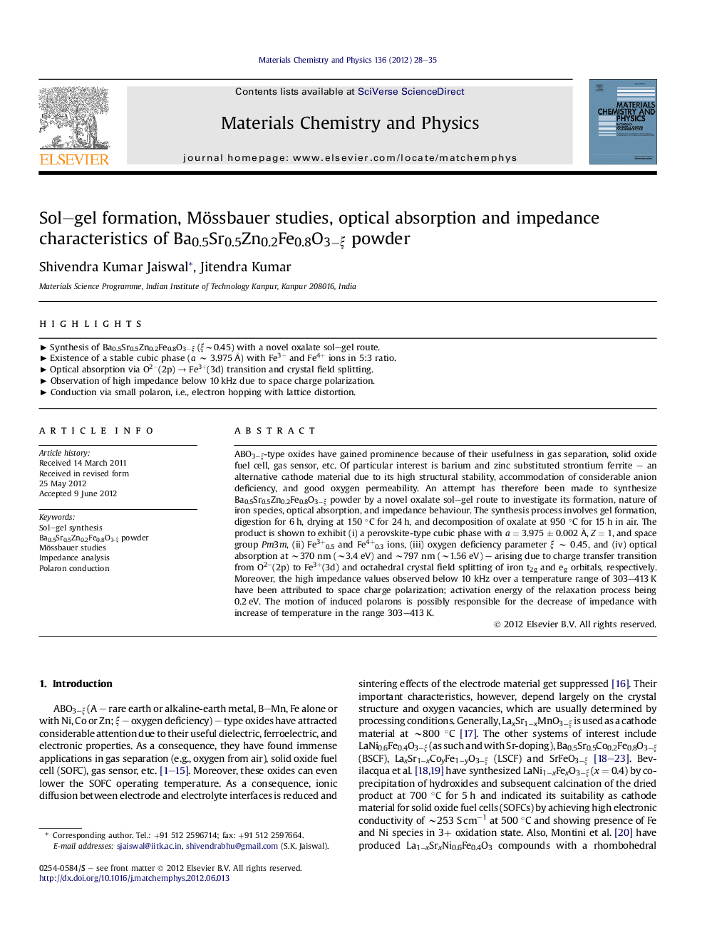 Sol–gel formation, Mössbauer studies, optical absorption and impedance characteristics of Ba0.5Sr0.5Zn0.2Fe0.8O3−ξ powder