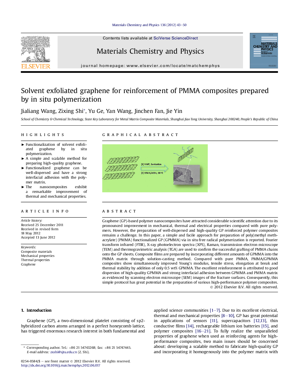 Solvent exfoliated graphene for reinforcement of PMMA composites prepared by in situ polymerization