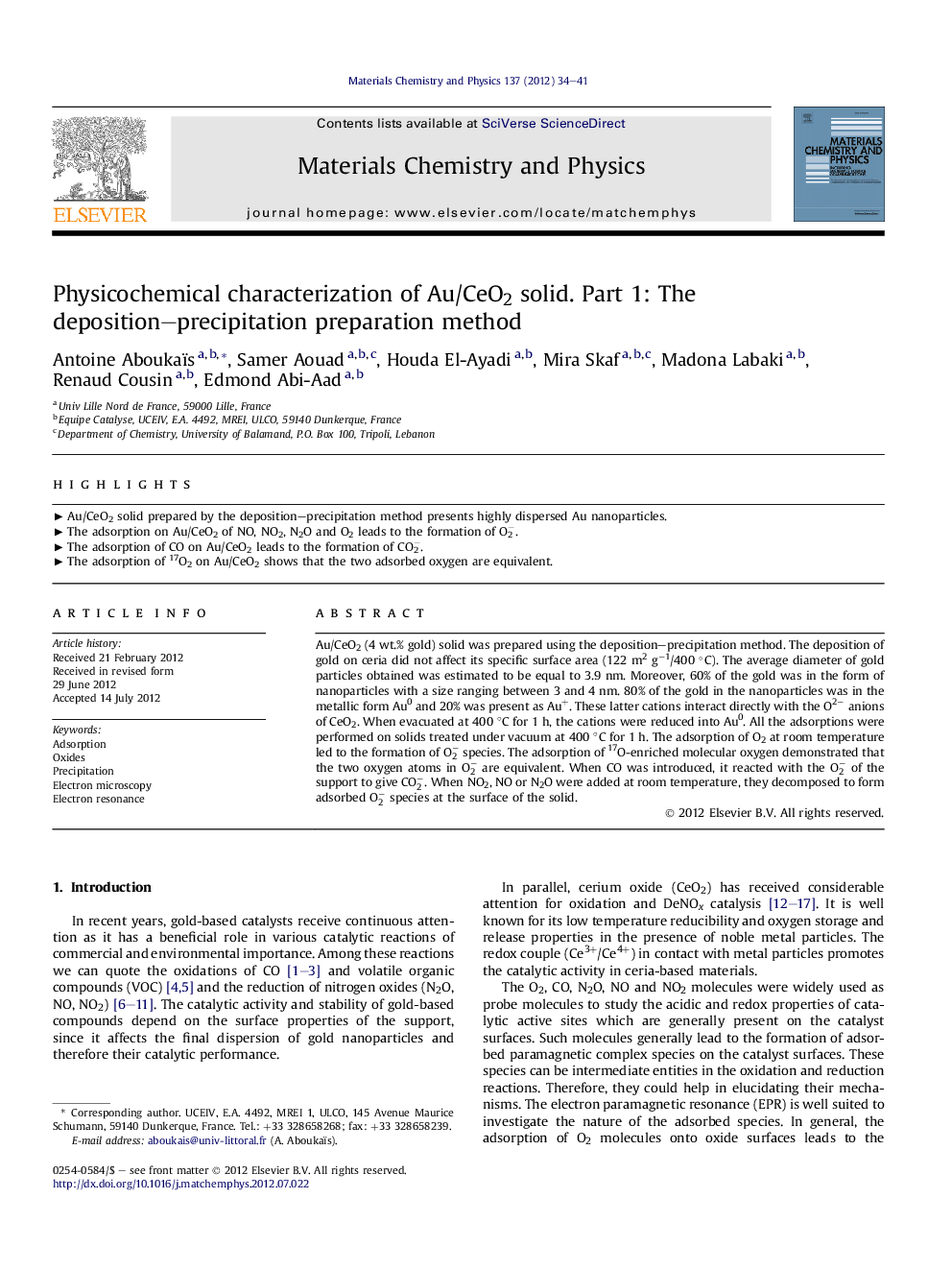 Physicochemical characterization of Au/CeO2 solid. Part 1: The deposition-precipitation preparation method